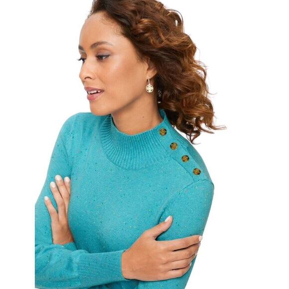 Talbots Mock Neck Sweater Dress Size Medium Aqua Blue Speckled Shoulder Buttons - Picture 4 of 15